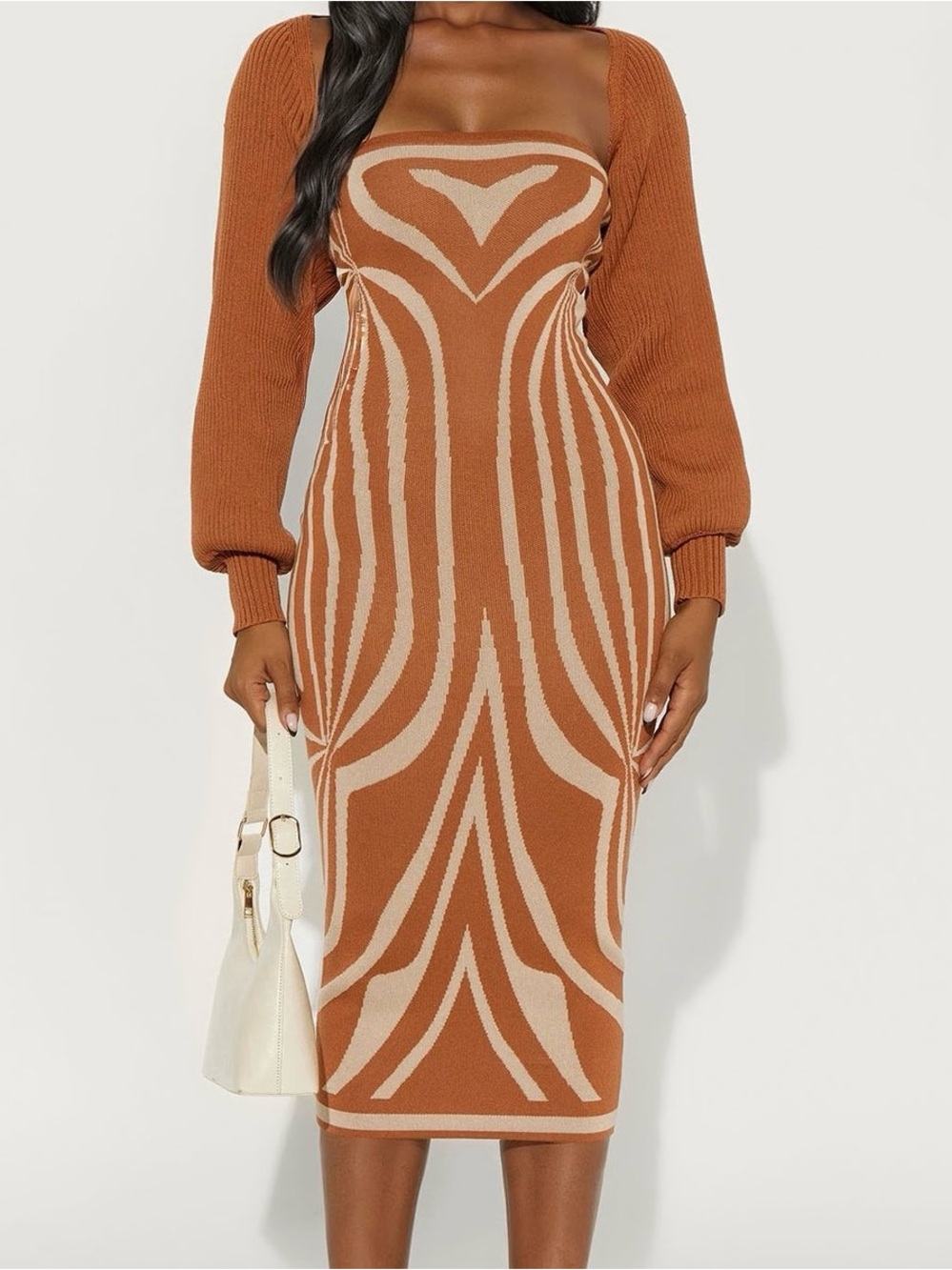 Fashion Nova Rust and Cream Knit Midi Dress set with Balloon Sleeves